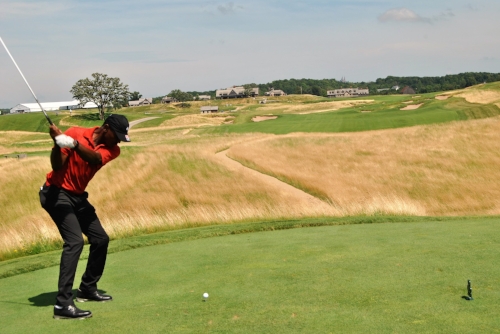 Hitting my drive on the final hole at Erin Hills