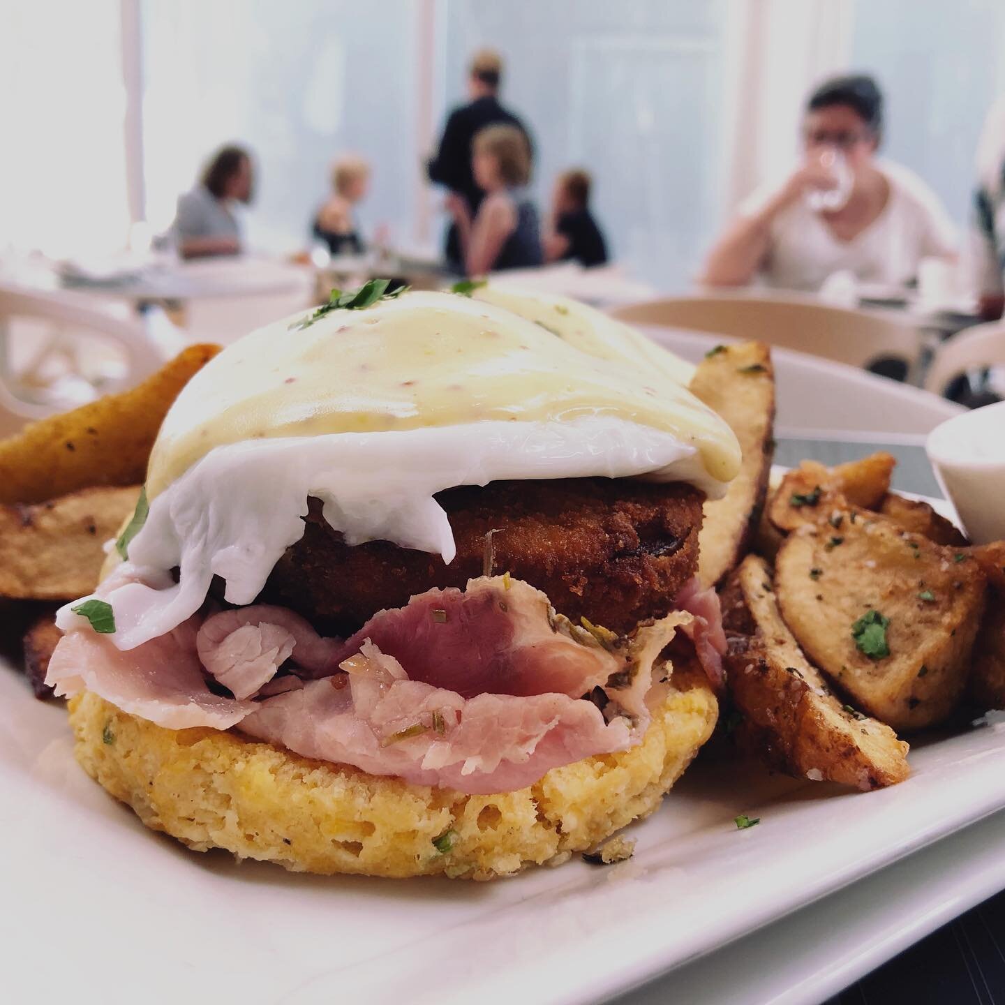 Not normally a huge eggs benedict fan, but add country ham and a fried green tomato and throw it on a sweet-potato scallion biscuit, and I&rsquo;m all in 🤩 #putaneggonit
