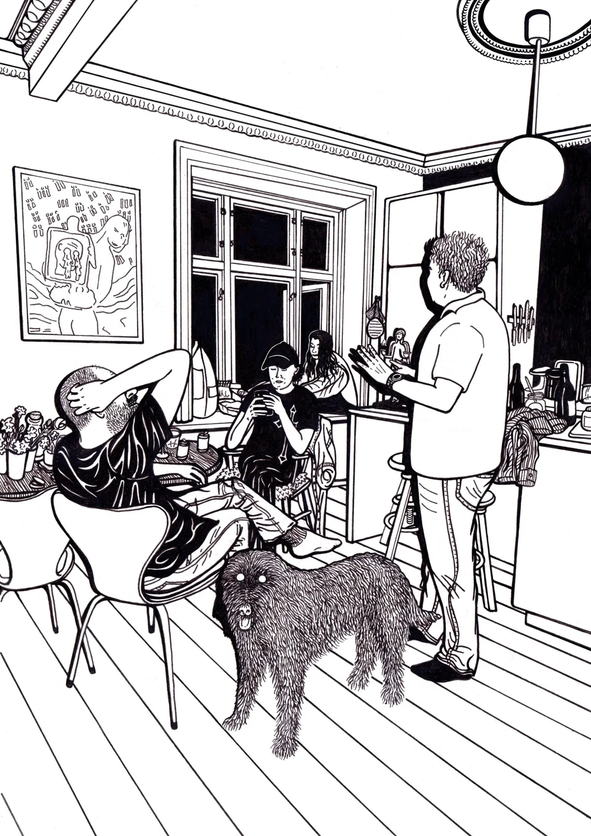 Line drawing of a social scene in a kitchen, showing four people sitting and standing, with a dog in the foreground, and artwork on the wall.