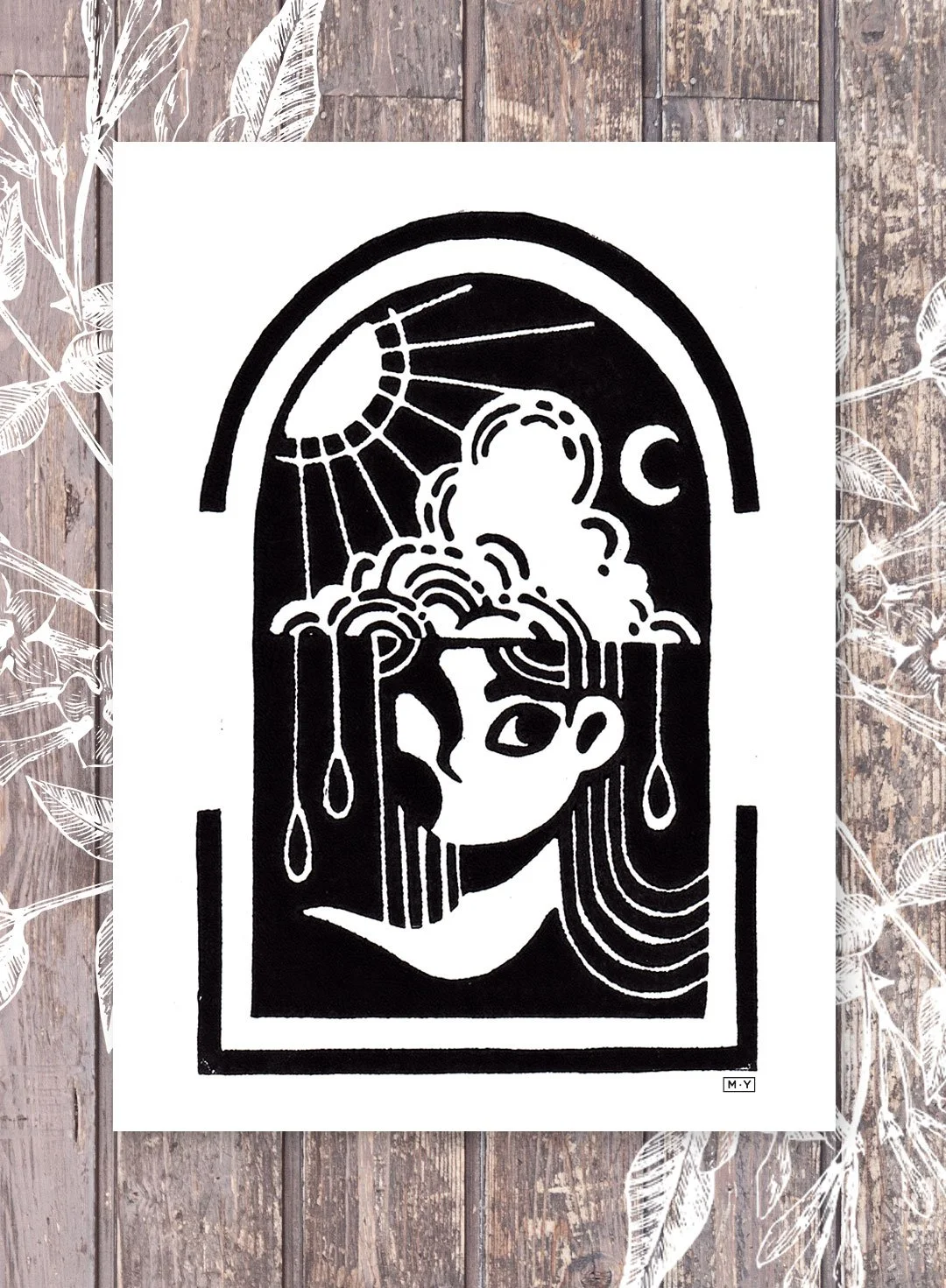Linogravure sorcière céleste