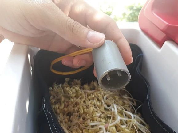 Thiết bị cảm biến nước được lắp đặt phía trong hộp đựng giá. Ảnh: Hà Thế An.