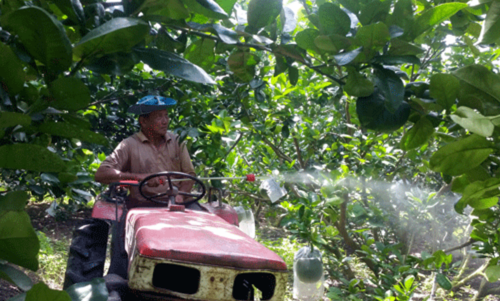 Lão nông Nguyễn Văn Long trên cỗ máy phun thuốc do ông sáng chế.Ảnh: Hồ Văn