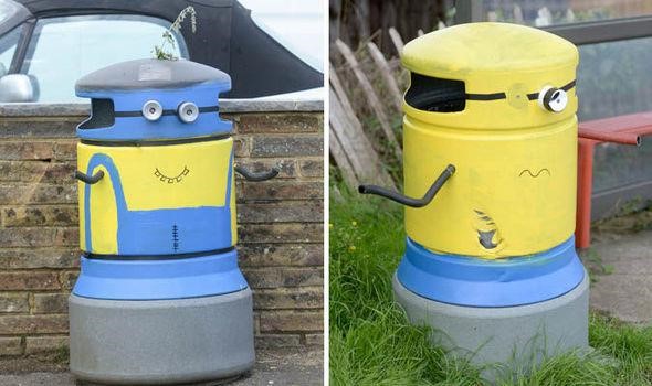  Hàng loạt thùng rác được sơn hình nhân vật hoạt hình Minion tại East Sussex, Anh. Điều đặc biệt là chúng được sơn bởi một nhân vật bí hiểm – đến bây giờ vẫn không ai biết là ai, và chỉ sau một đêm, sáng ra cư dân xung quanh đã thấy những thùng rác đ