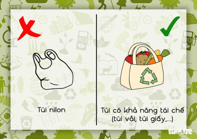  Túi nilon là vật dụng quen thuộc, được sử dụng hằng ngày vì tiện lợi. Tuy nhiên, đây là một trong những "thủ phạm" chính gây ô nhiễm môi trường. Thay vì sử dụng túi nilon khi đi chợ, shopping, bạn có thể mang theo một chiếc túi được làm từ các vật l