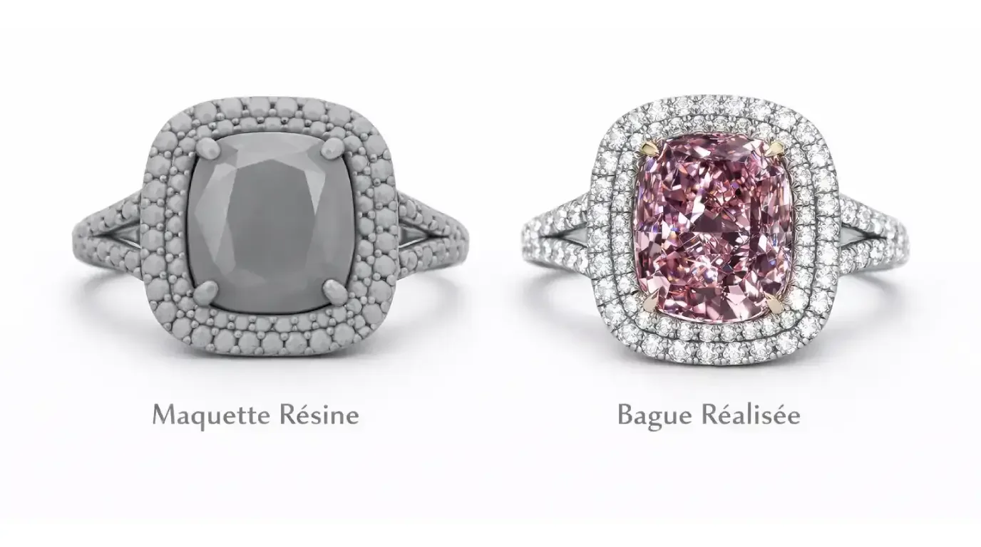 La résine d'essai à côté de la bague de fiançailles terminée