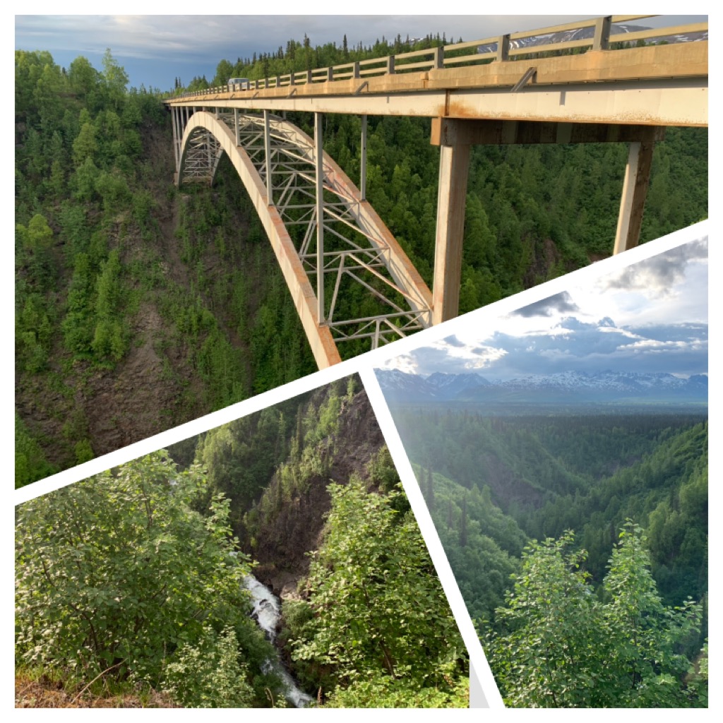Hurricane Gultch: There are over 40 bridges to cross while driving the Parks highway. Hurricane Gulch Bridge, at mile 174.3 is a breathtaking 254 feet above the white water of Hurricane Creek. Pedestrians aren’t allowed to walk on the bridge. It’s spectacular from any vantage point.