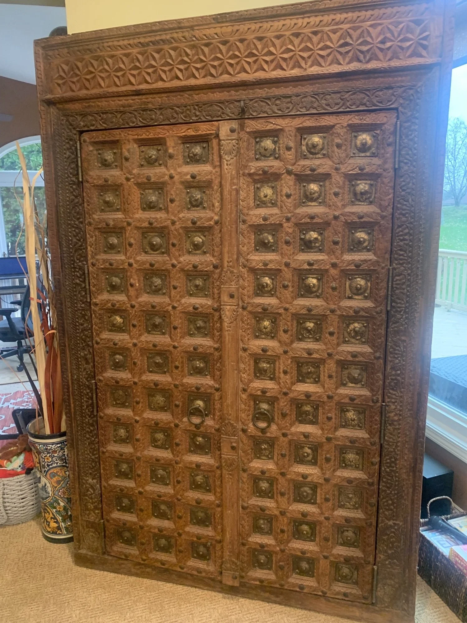 Carved Door with Brass Flowers - Armoire &amp; Entertainment Center
