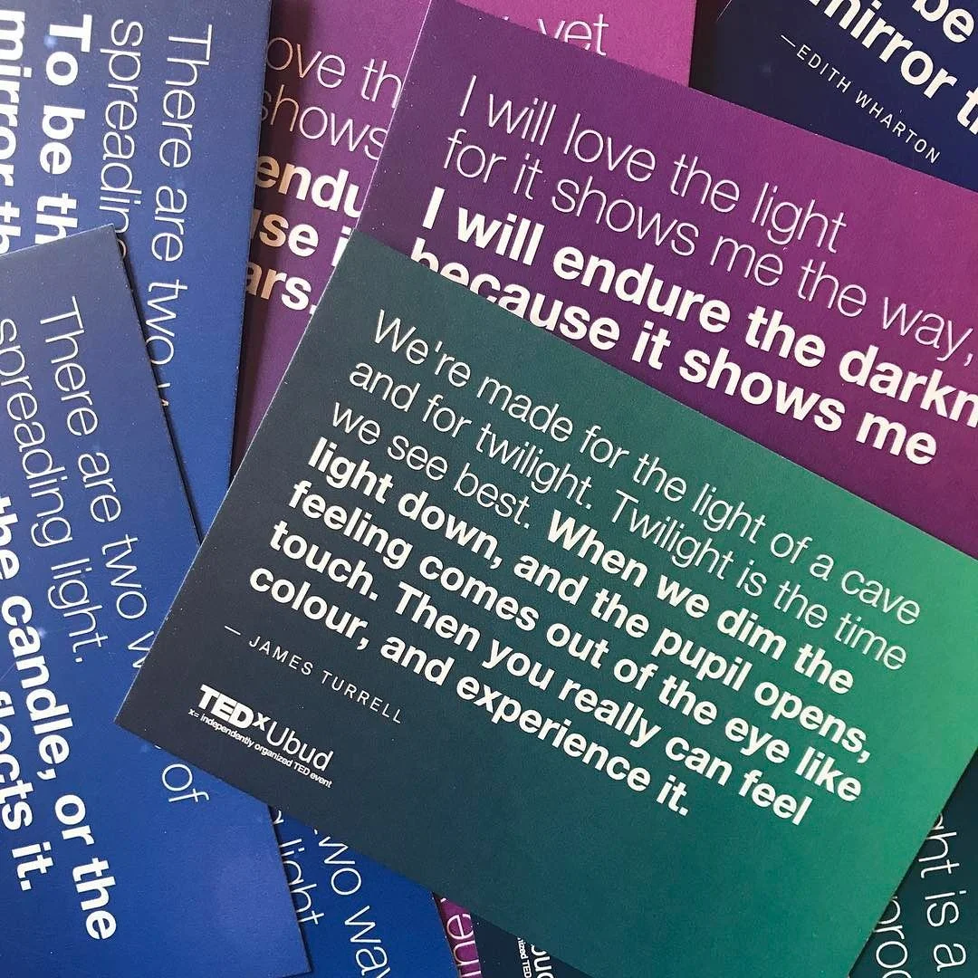 Our postcards have arrived- ready to be hidden and discovered by attendees next weekend in unexpected places. #tedxubud #postcards #makethelight #jamesturrell http://ift.tt/2pKsIGc