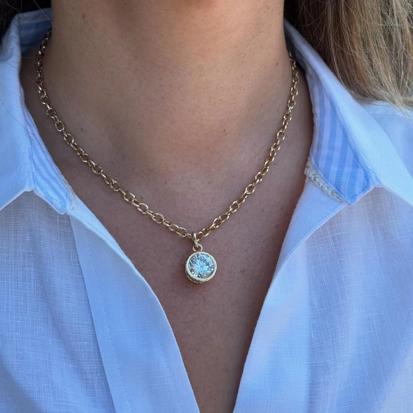 Summer Sparkle! ✨ 
Custom Design 5ct diamond pendant on our handmade gold chain. We&rsquo;re loving the touch of the hidden surprise side diamonds, what do you think?!