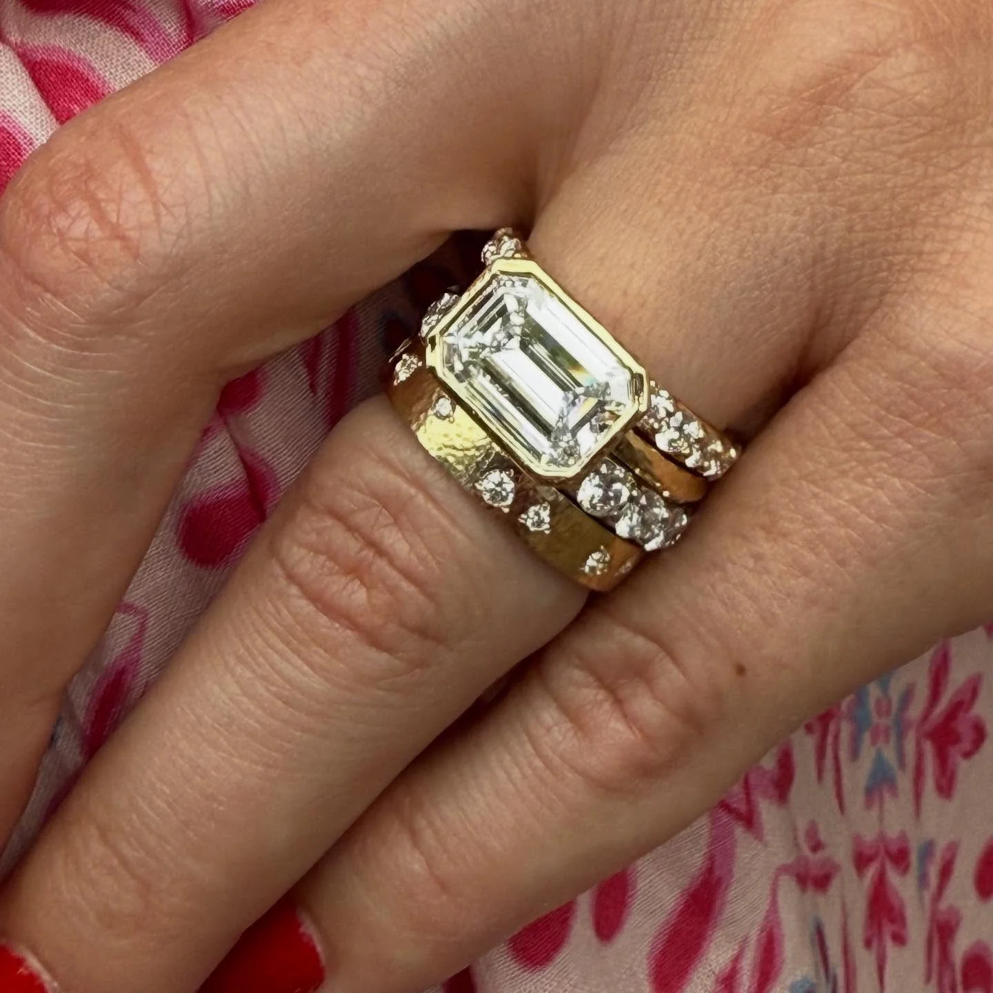 Wow!
Every ring stack tells a story.
4ct emerald cut diamond solitaire set east-west with diamond eternity bands. Wearable for everyday, and versatile in the ways these rings can be arranged, worn, and added to over time.
We&rsquo;re here for you! Yo