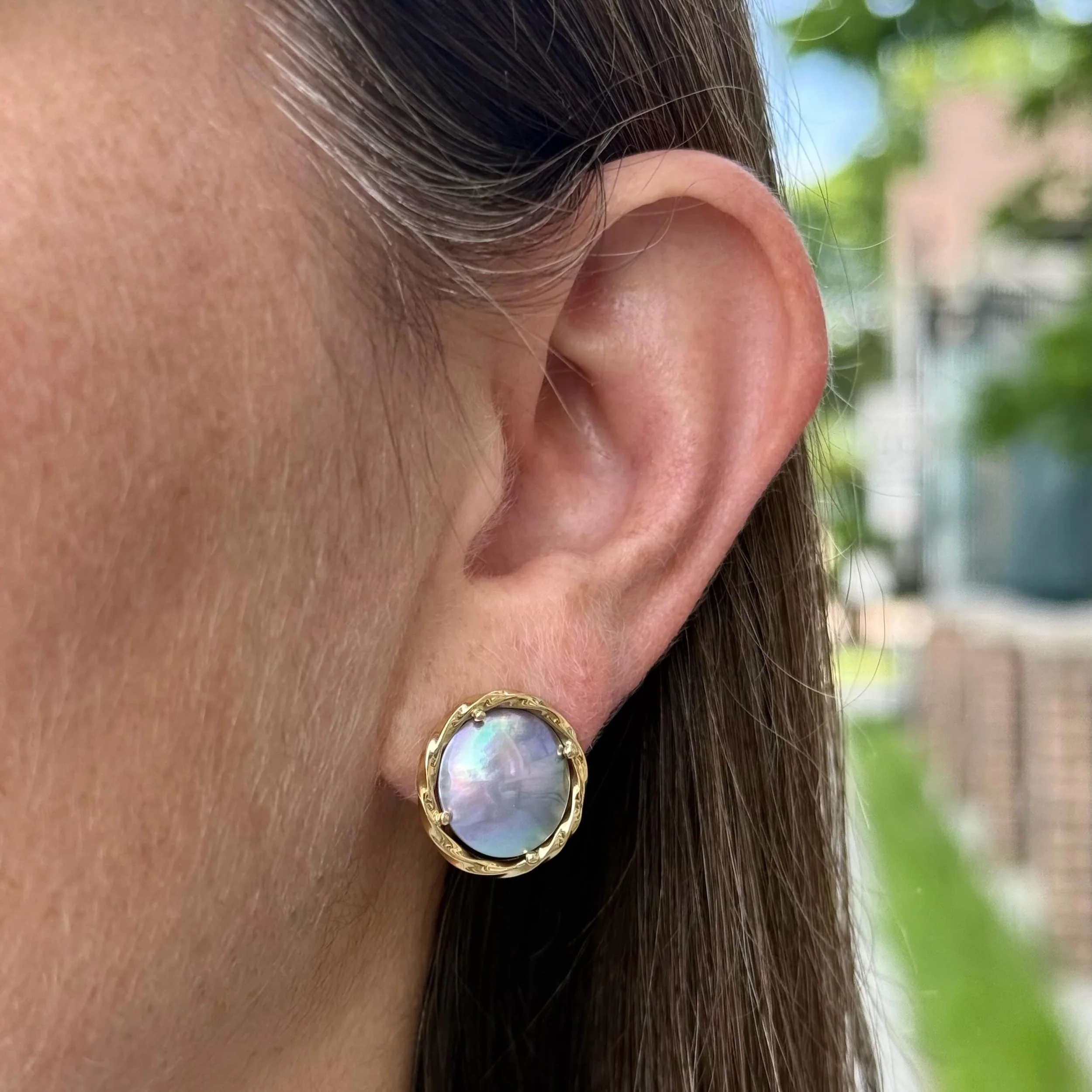 From the Sea of Cortez, these are such alluring mab&eacute; pearls with iridescence and color from pinks to blue and green&hellip;Handmade earrings in 18k Gold.