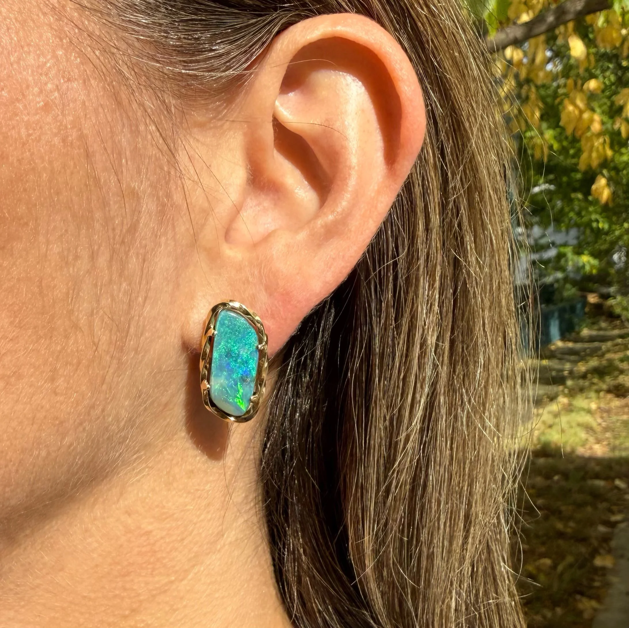 Fall colors can be unexpected&hellip; October&rsquo;s birthstone is opal. This stunning pair of opals are from the famed Lightning Ridge area of Australia, set in handmade 18k yellow gold settings.  One of a kind.
