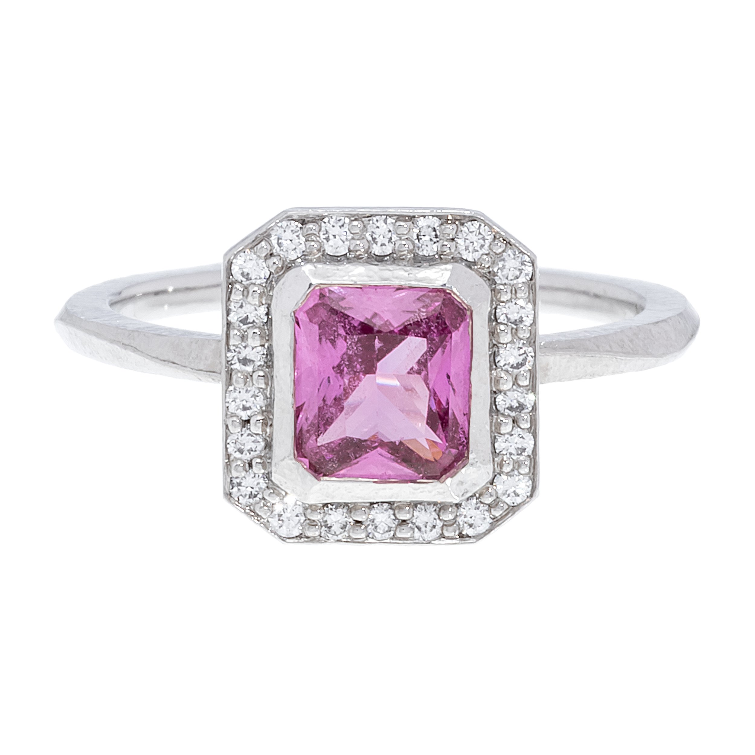 Radiant Cut Pink Sapphire and Diamond Halo Wave Ring