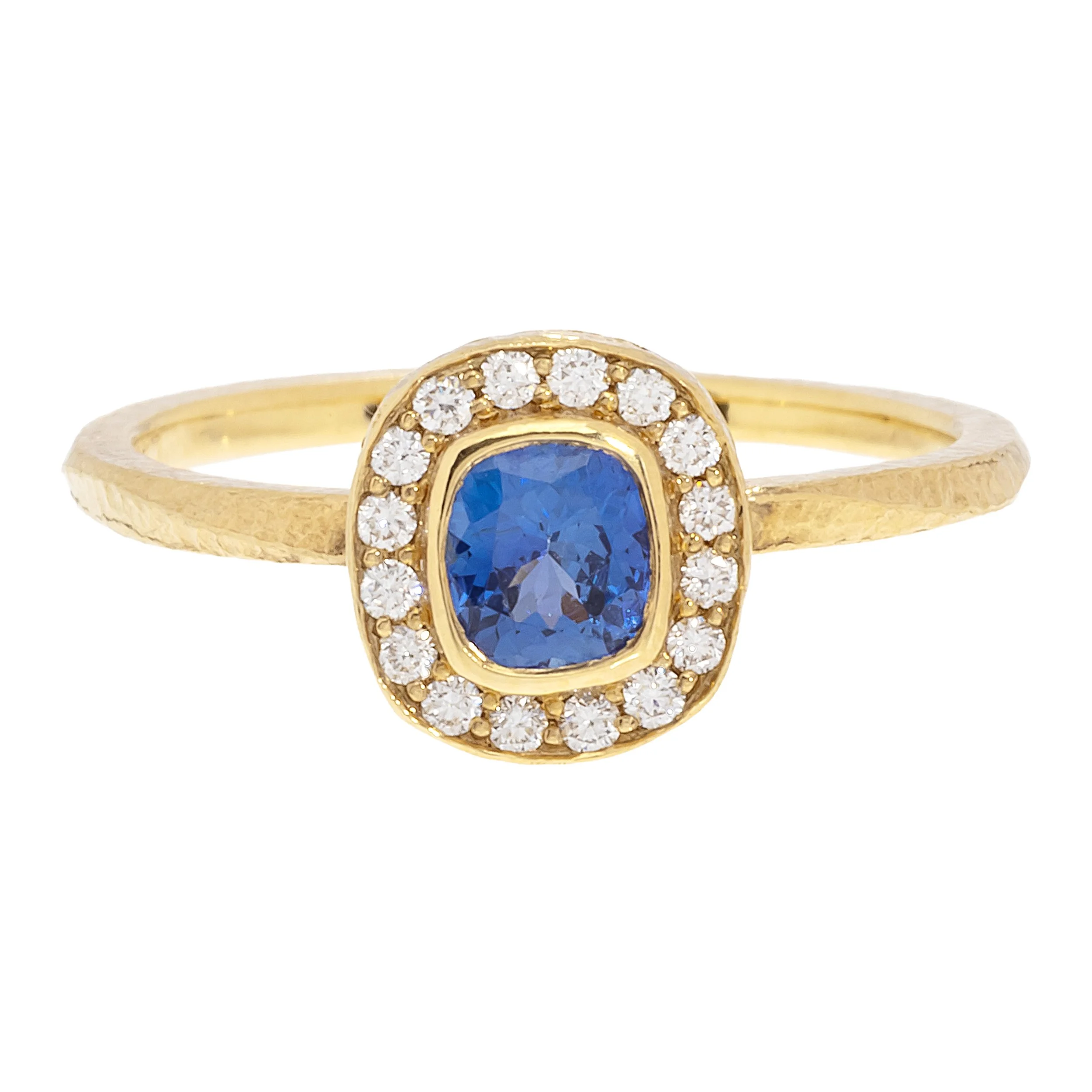 Cushion Blue Sapphire and Diamond Halo Wave Ring
