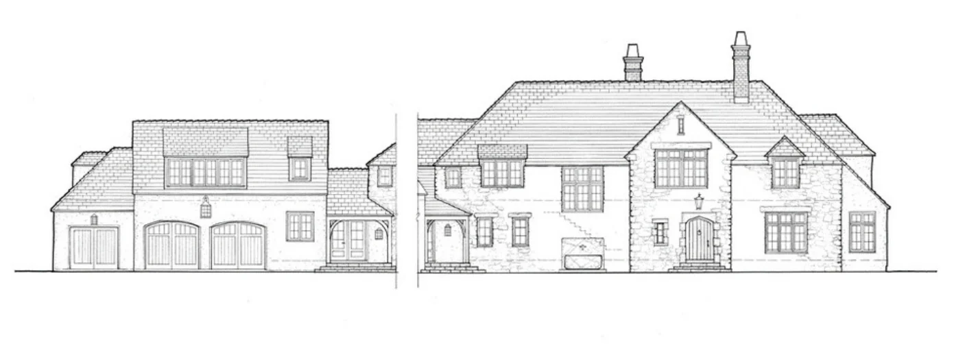 Jacobean Home (Front Elevation): The rambling, informal façade evokes an English country aesthetic, featuring a variety of contrasting materials and textures.