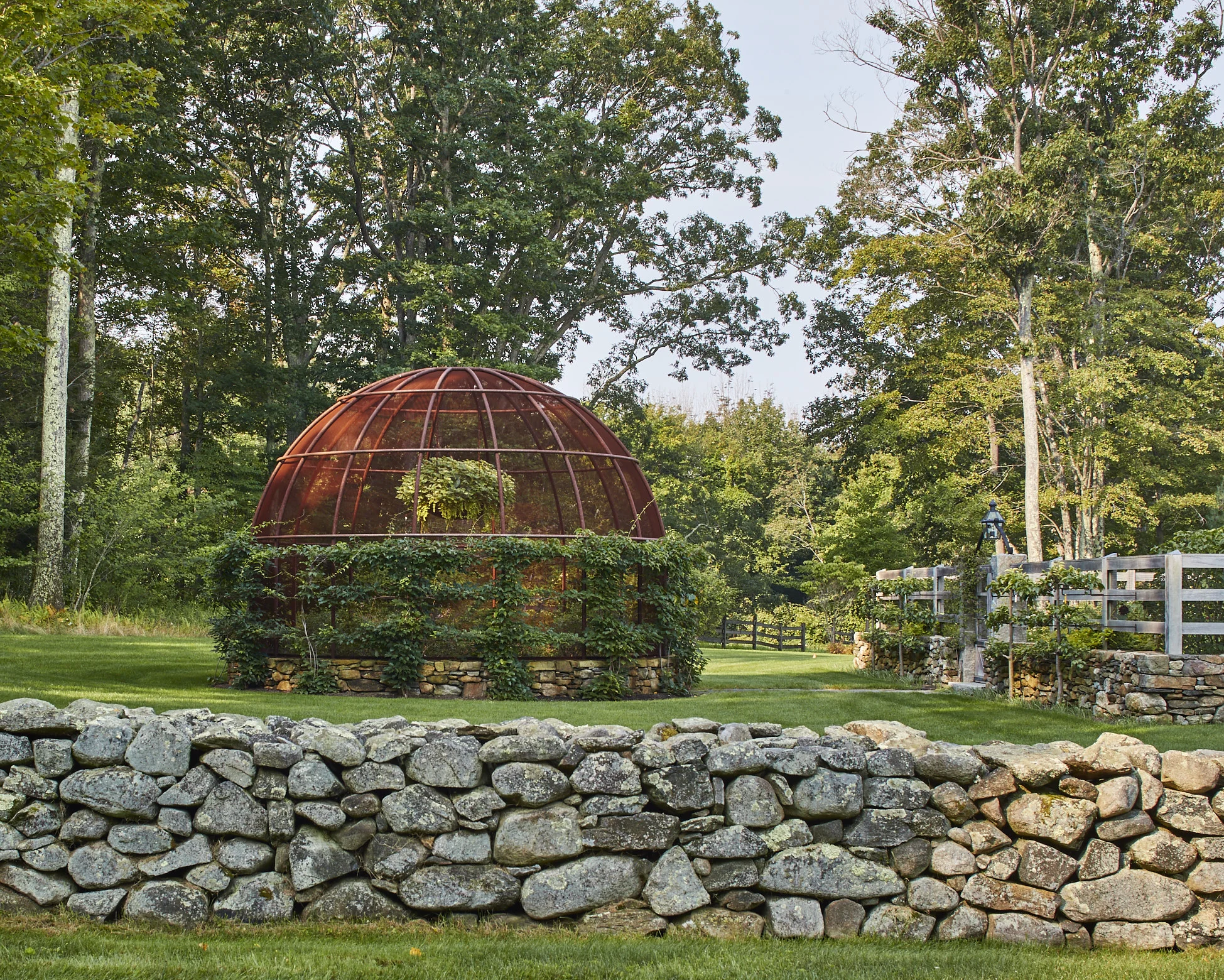 The domed steel structure is ringed with espaliered Kiwi vines.