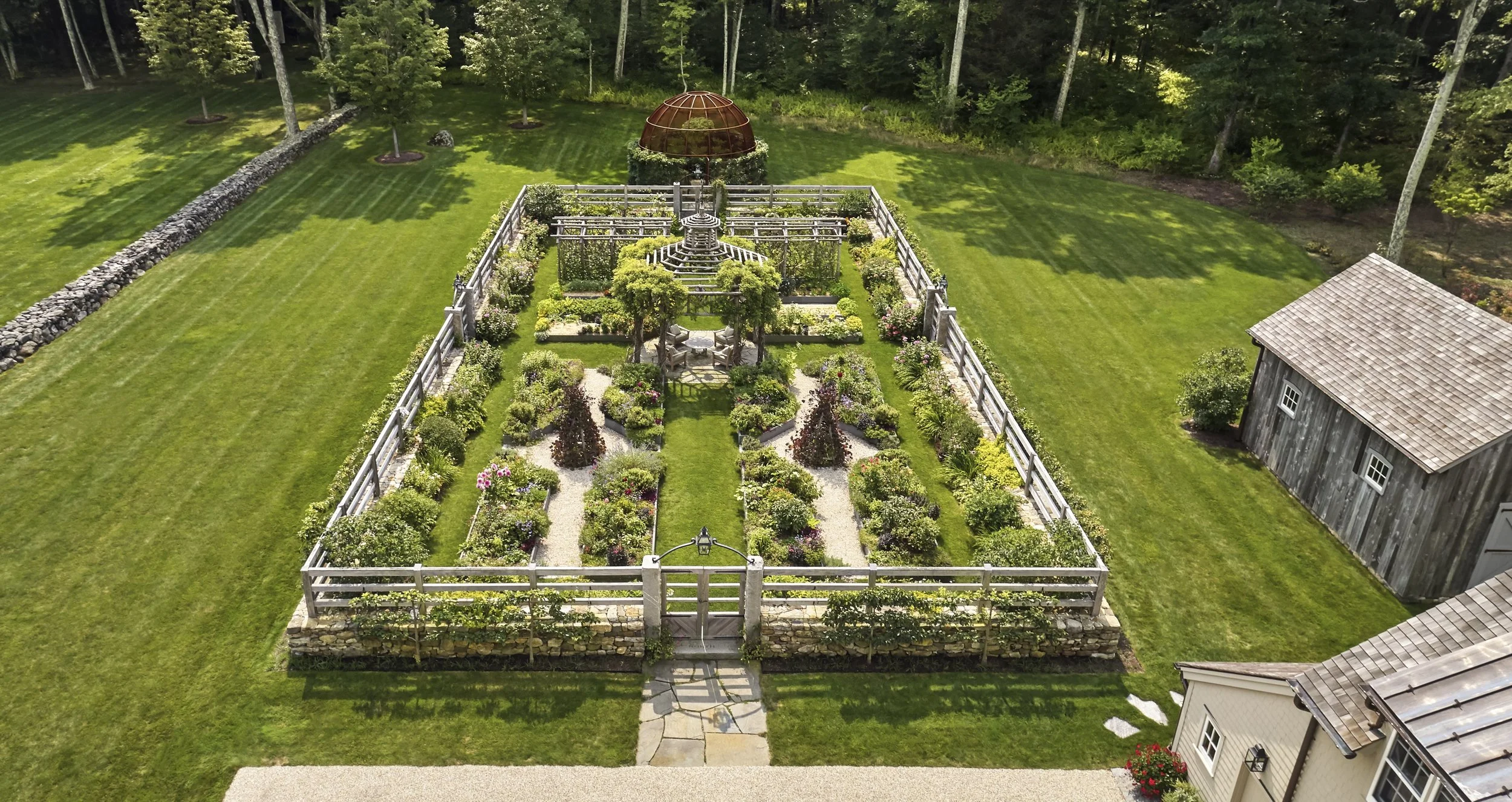 The view shows the strong center axis of the garden.
