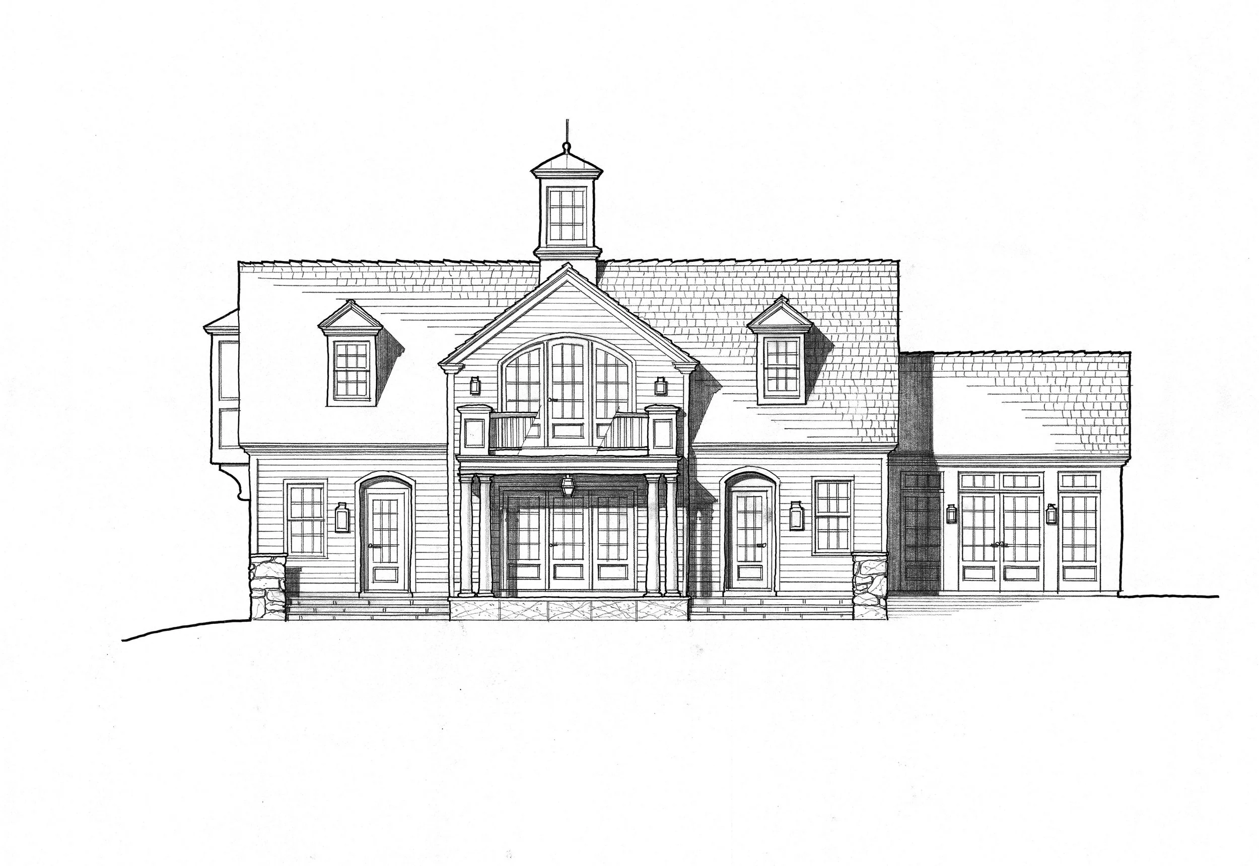 The south elevation features a central portico overlooking the swimming pool.