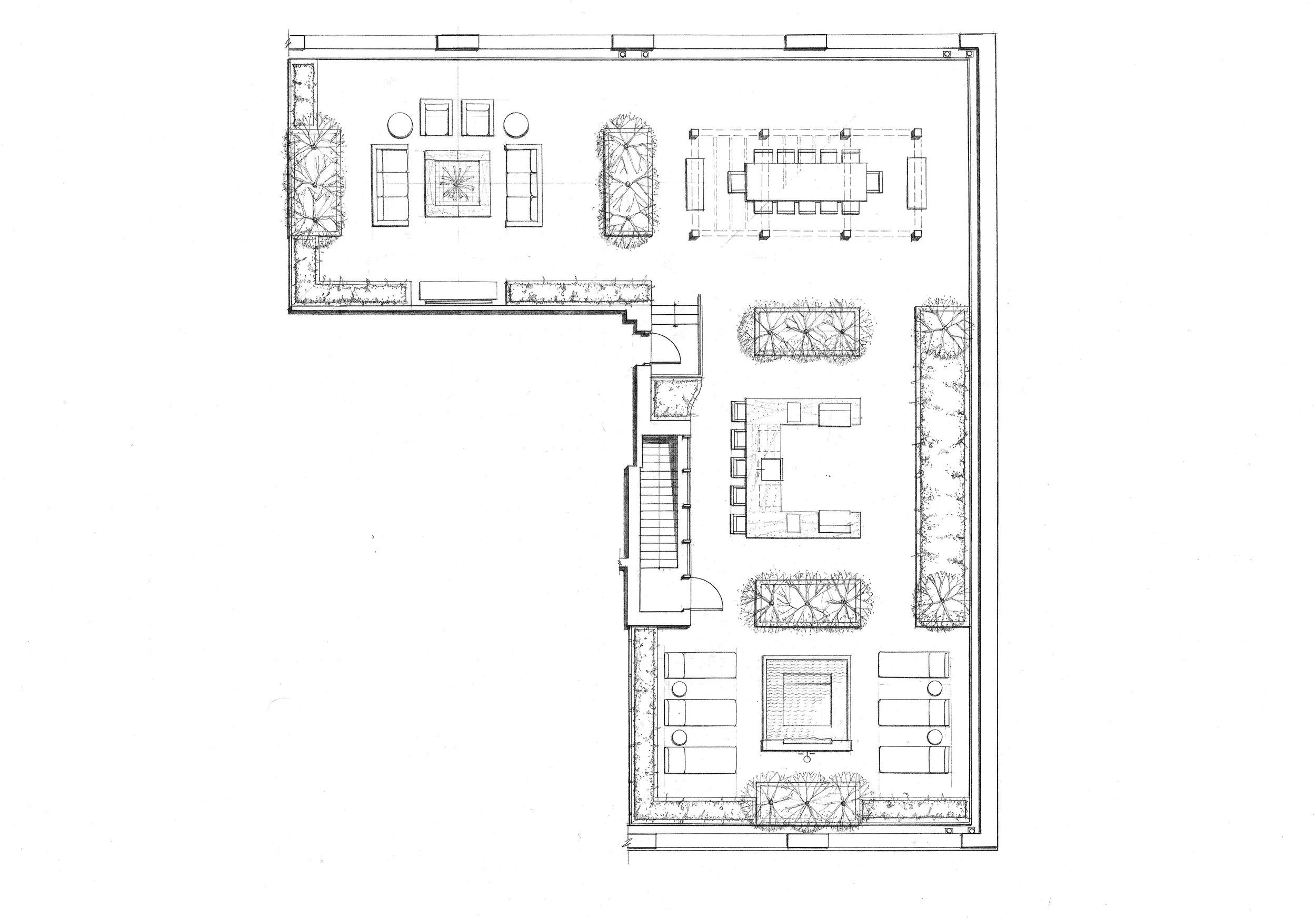 The roof terrace of this Brooklyn penthouse features a variety of outdoor living spaces.