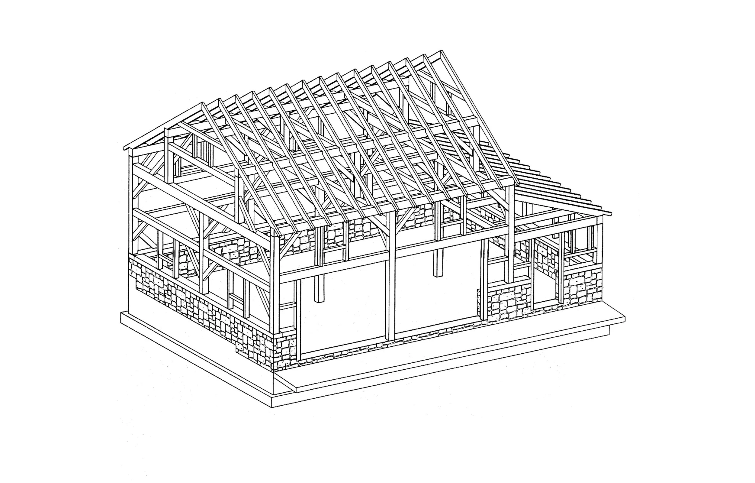 Axonometric view showing the design of the barn’s timber frame.
