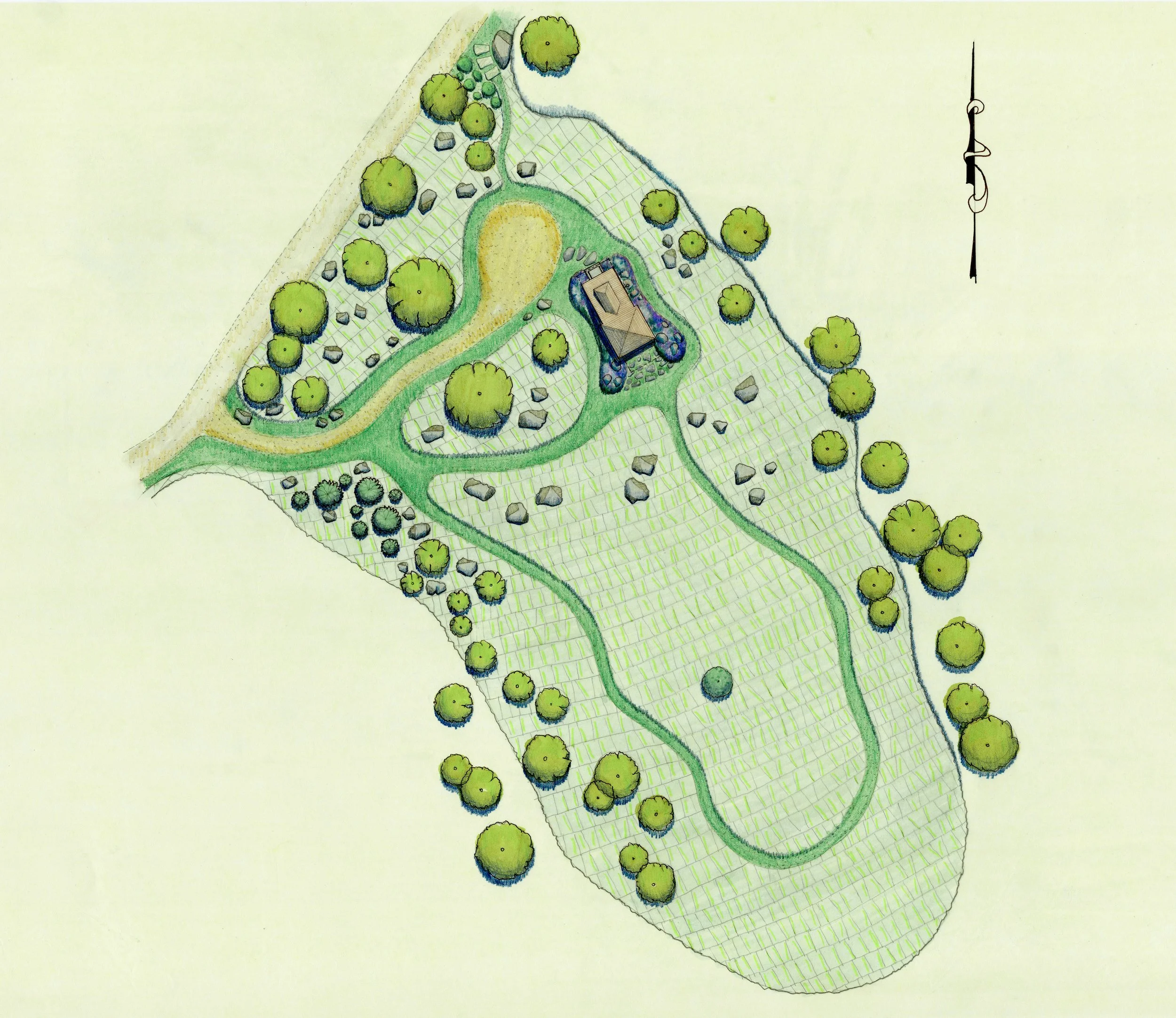 The landscape design features undulating pathways carved through a meadow of native grasses.