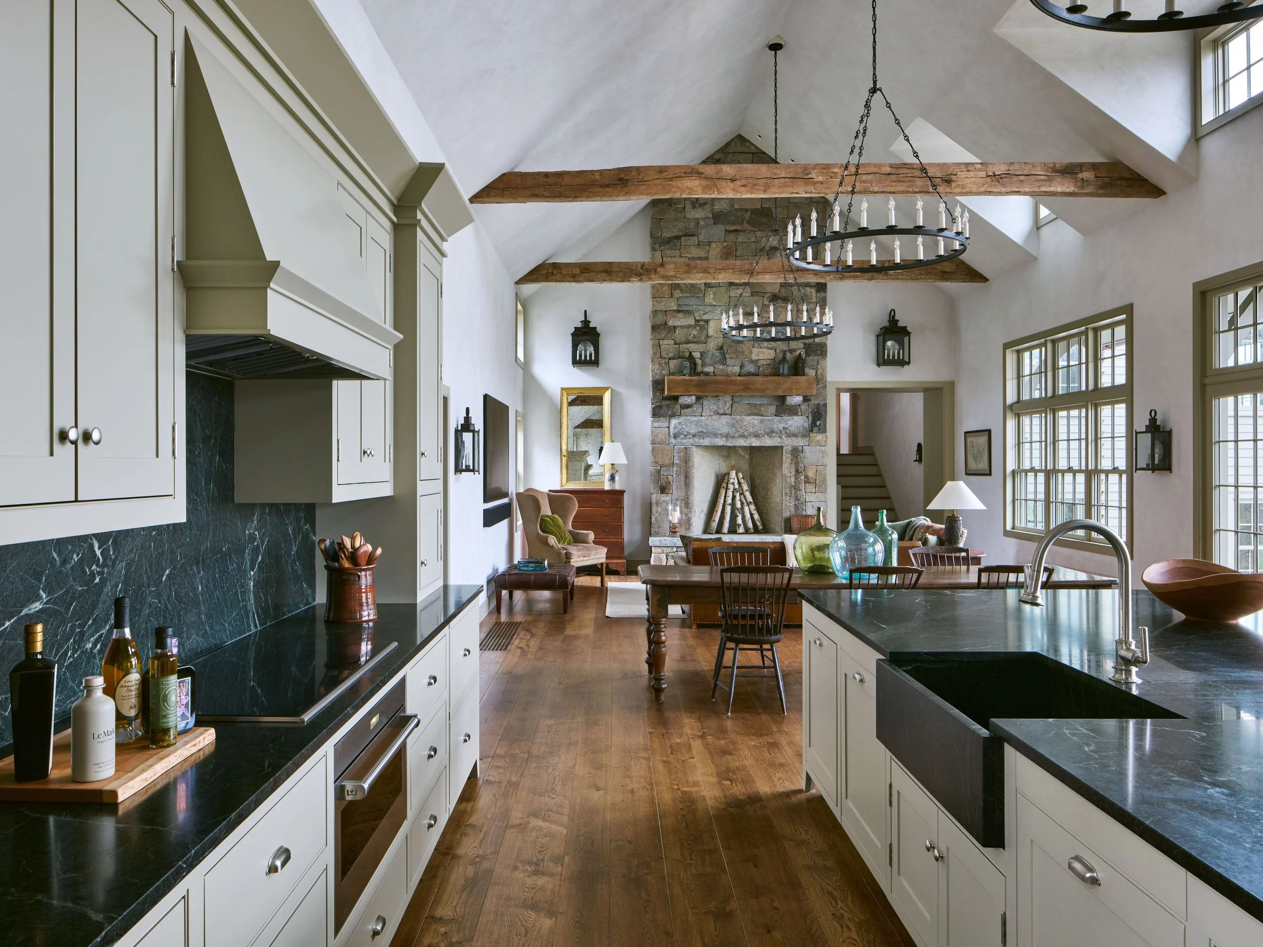  The central Great Room of the new addition provides the spaciousness, light &amp; views the owners desired, in contrast to the intimate spaces of the antique house. 