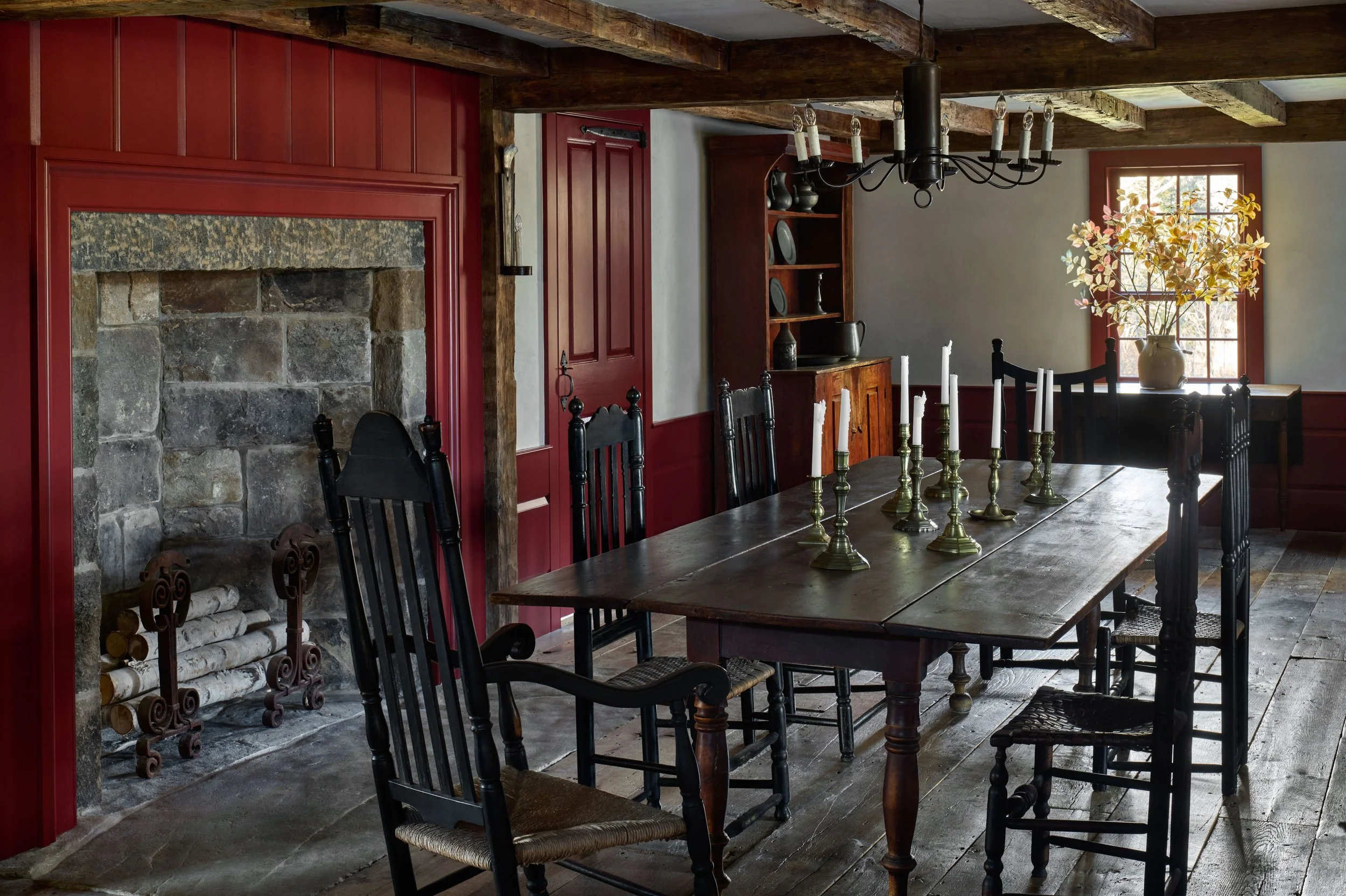  The Keeping Room fireplace, greatly reduced in size during the 19th century, is restored to its impressive original scale. 