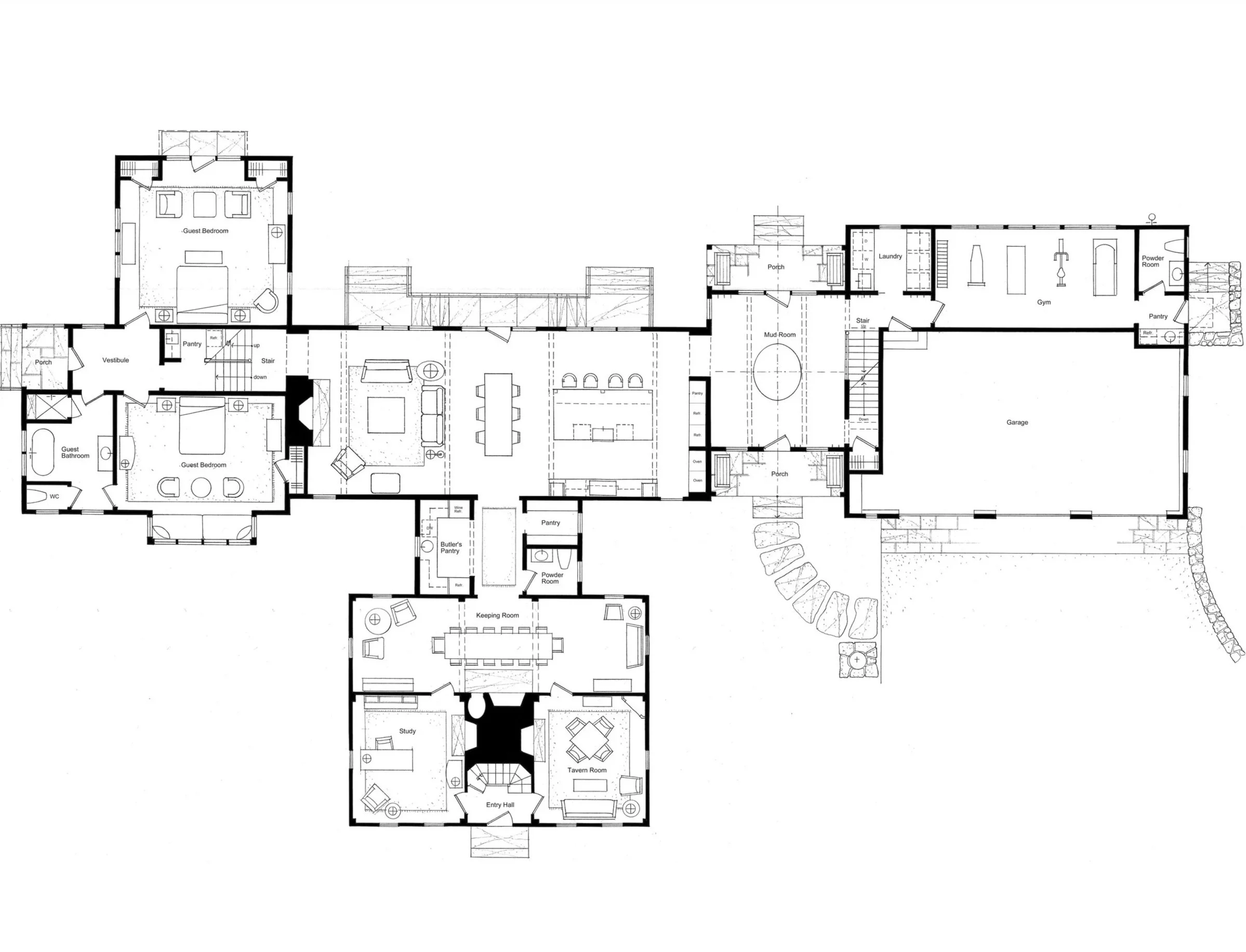  The extensive additions, shown at the top of plan, serve as a backdrop to the original saltbox house. 
