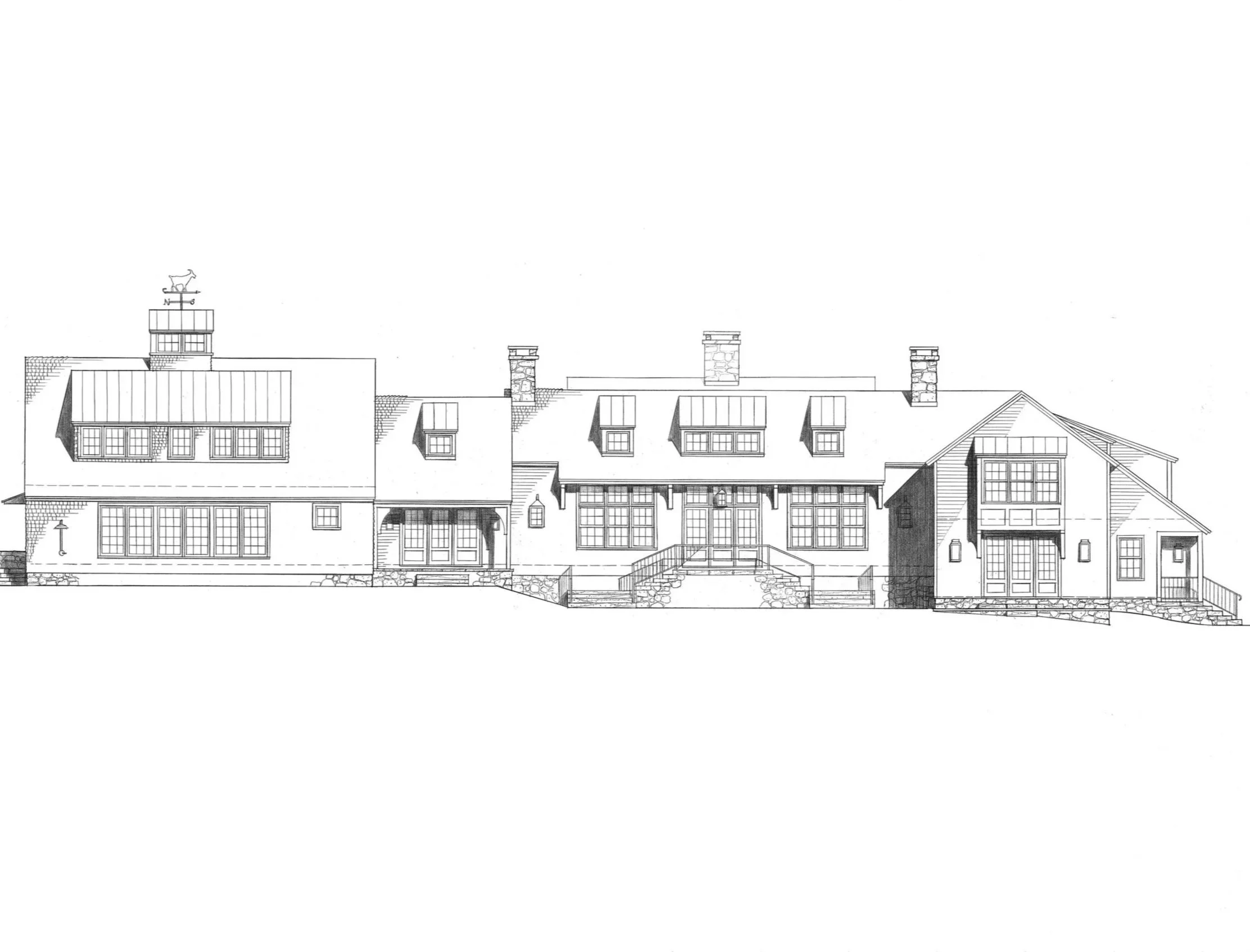  The rear elevation of the new addition is composed of smaller elements, suggesting a home which may have evolved over time. 