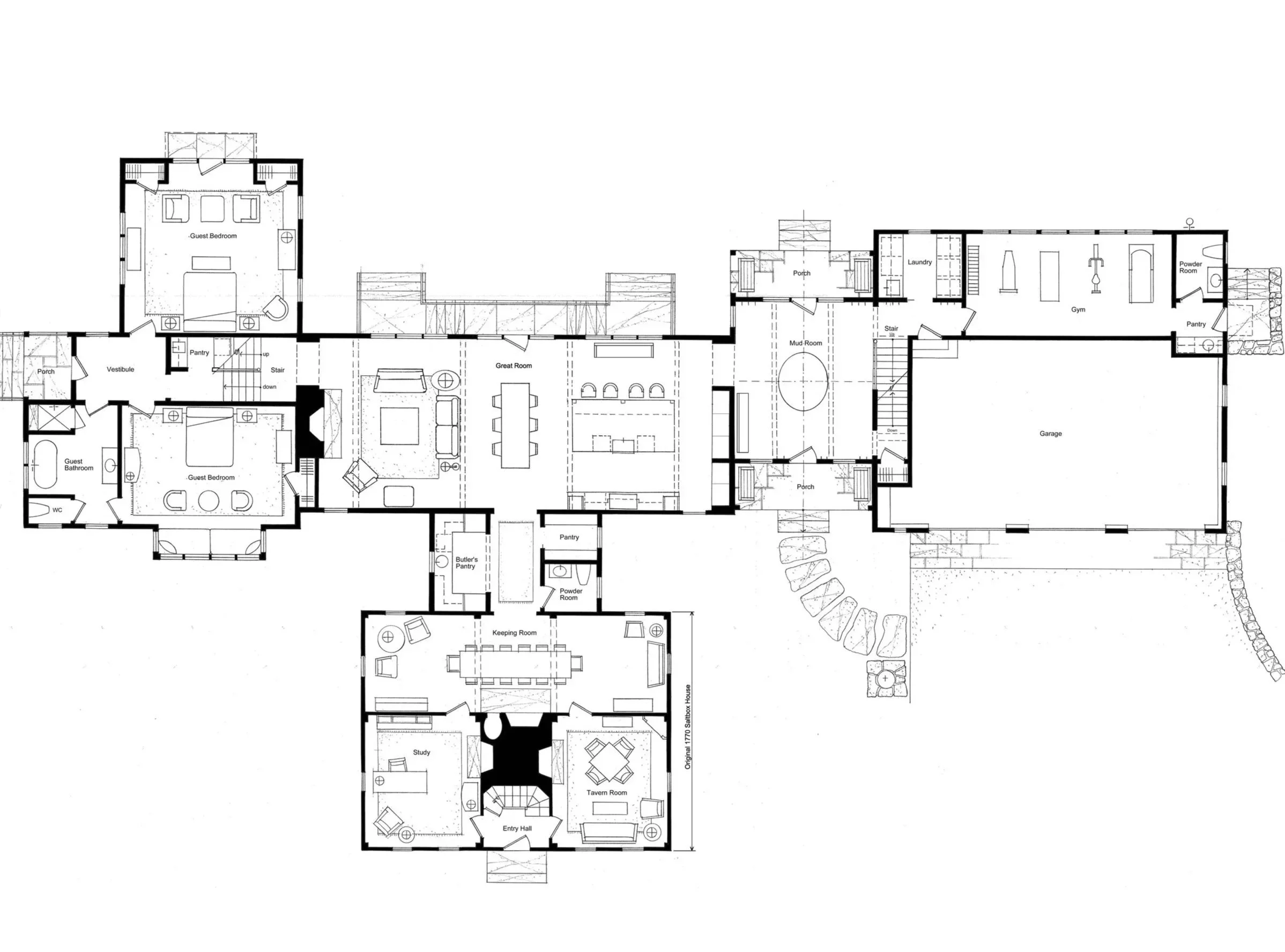  The extensive additions, shown at the top of plan, serve as a backdrop to the original saltbox house. 