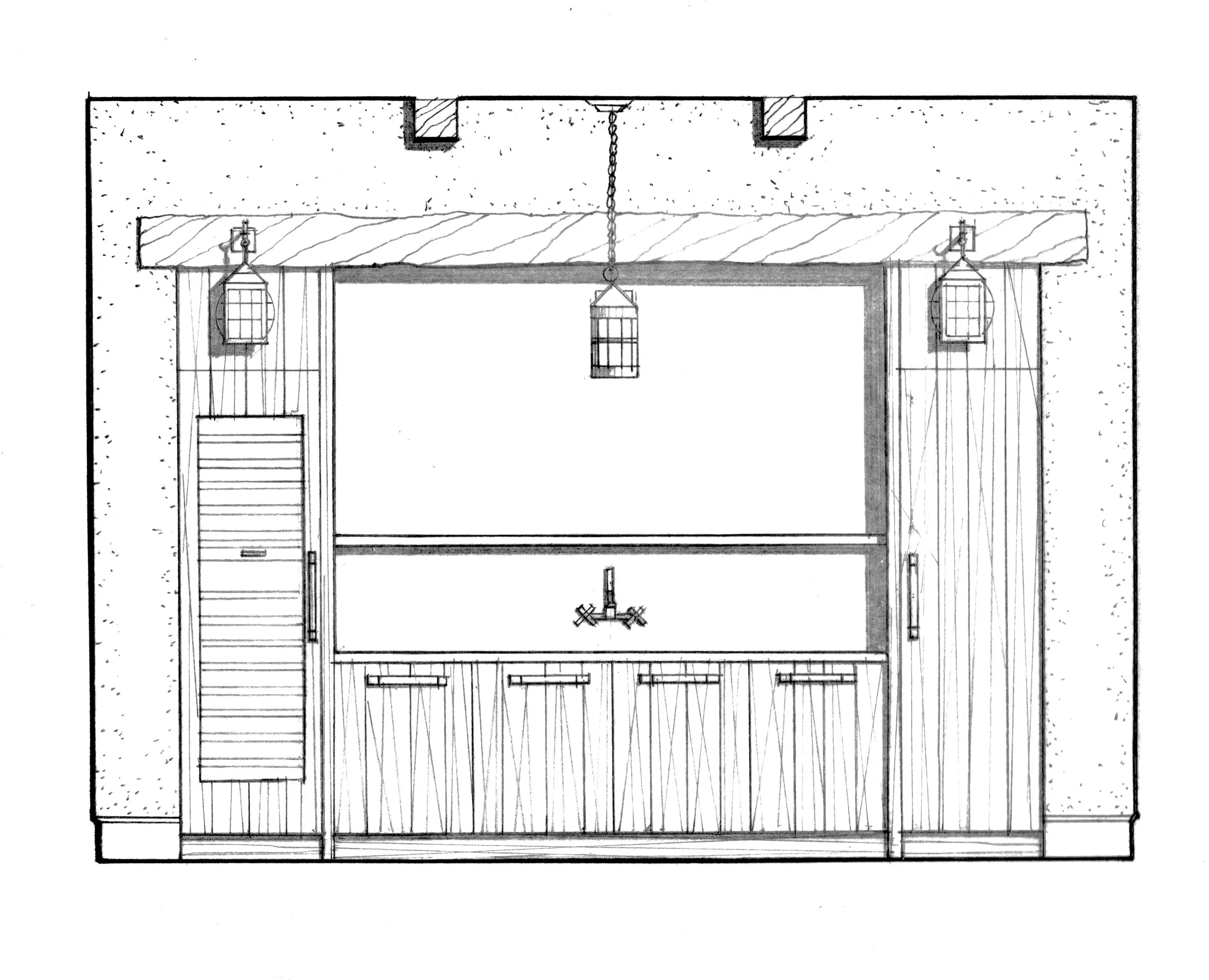  Hand-hewn beams, antiqued copper, and rough-sawn reclaimed oak add rustic character to the cabinetry of the pub. 