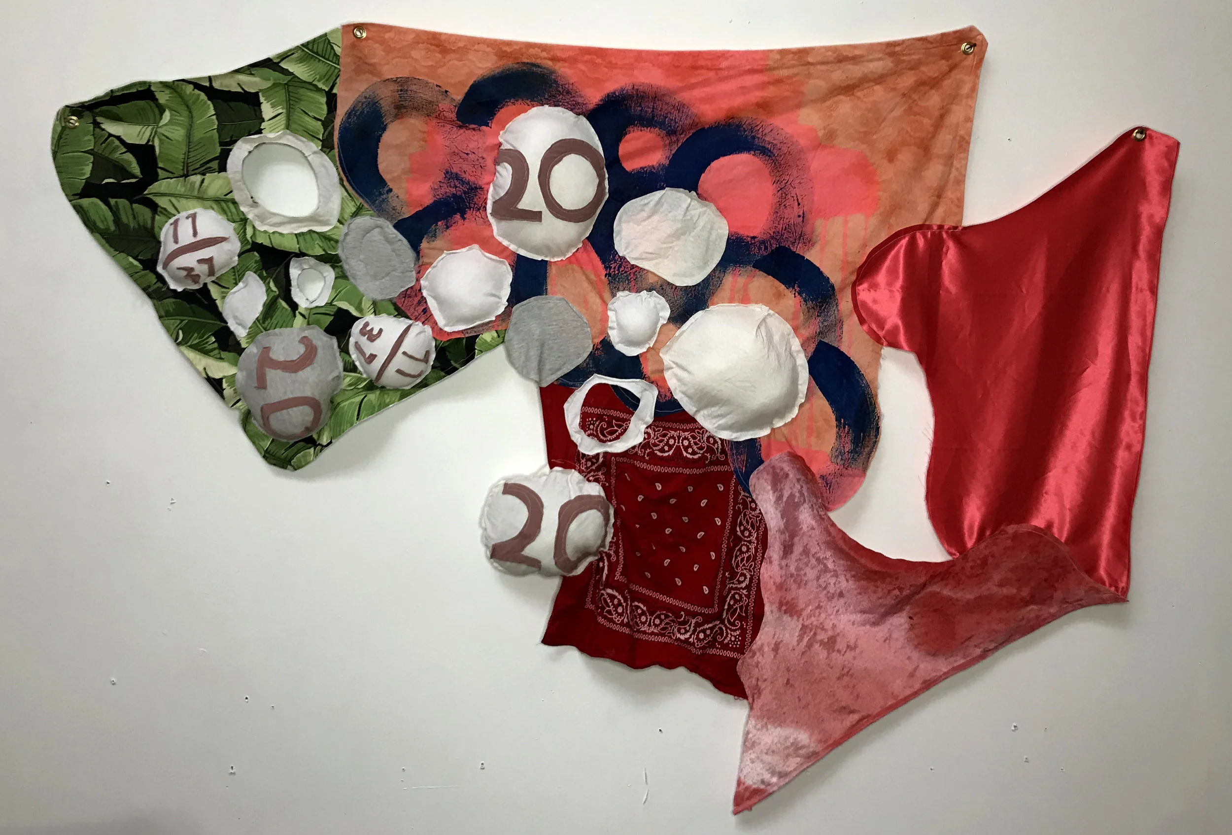 lexapro tapestry • found fabric, acrylic, fabric dye, polyfill and grommets | 2019