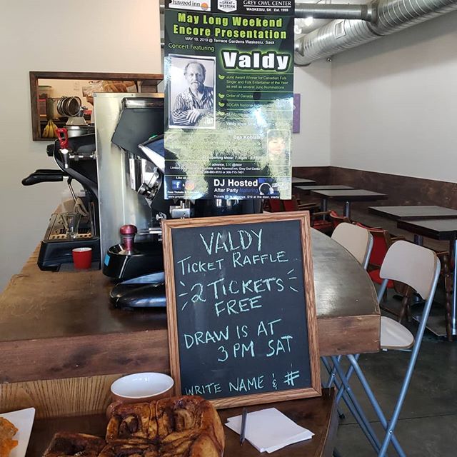 Valdy ticket giveway! Come by and enter your name to win 2 tickets! 
@greyowlcenter 
#evrgreenforlife 
#waskesiucoffeeshop