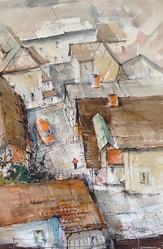 Lionel Sanchez "Quiet Village" Watercolor