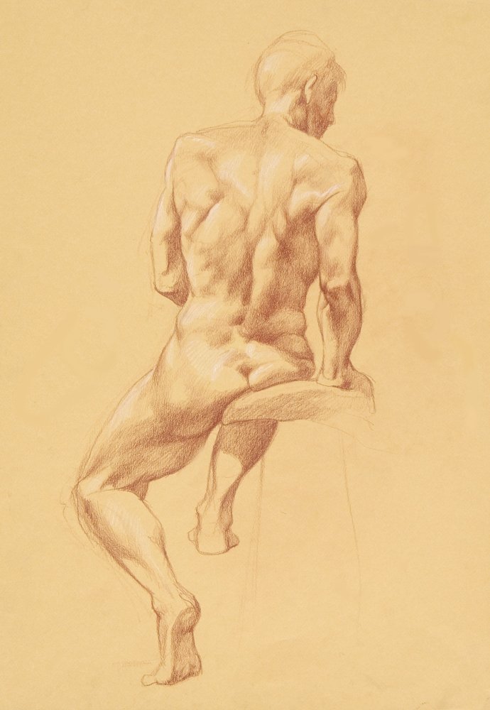 Kevin Grass-Twisting Seated Male Figure-Red conte and white chalk on toned paper drawing.jpg