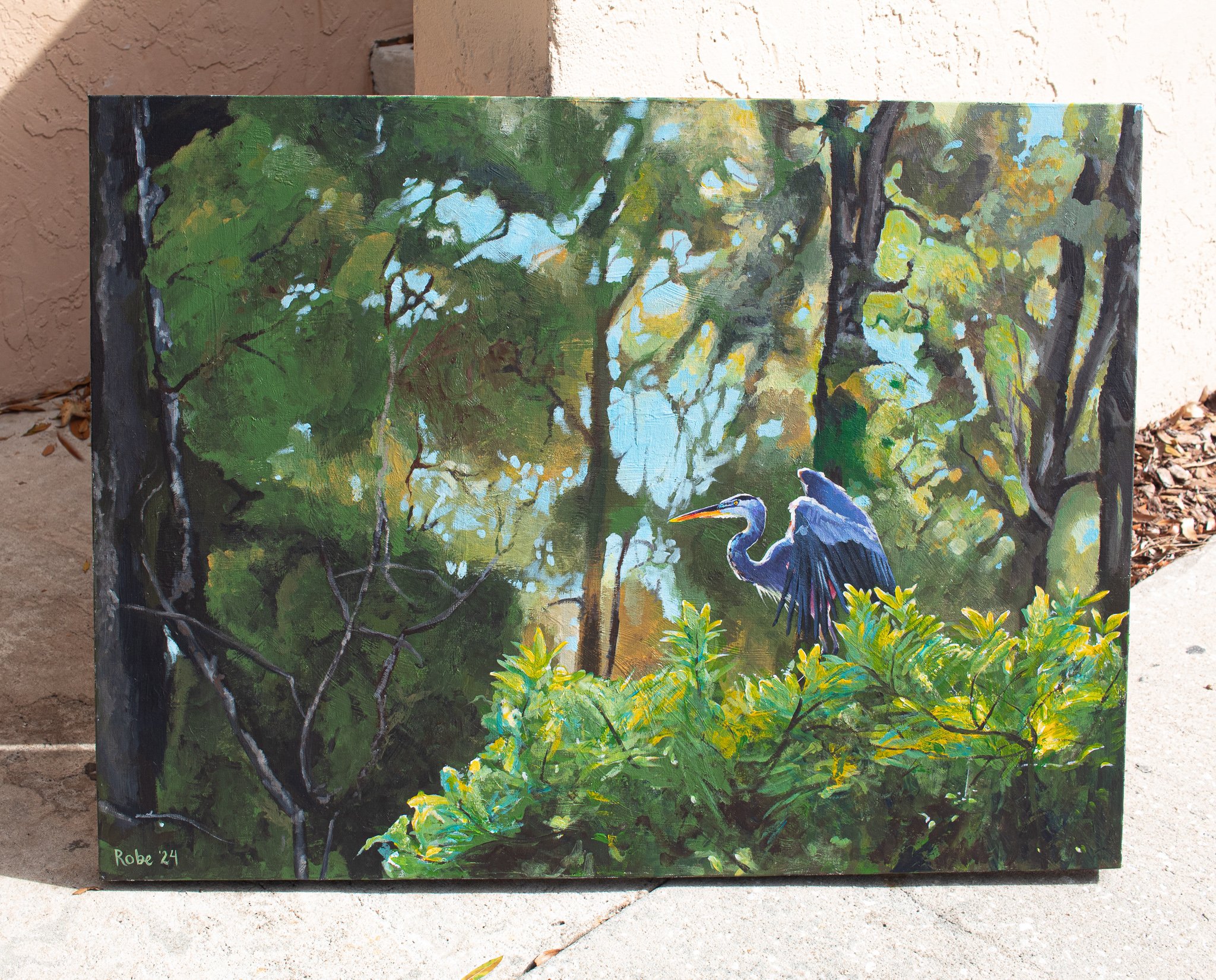 Honorable Mention #3: Great Blue Heron in the Trees (Acrylic) by Brenna Robe