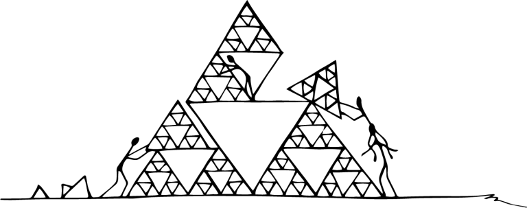 Illustration of people building a Sierpinski triangle fractal structure.