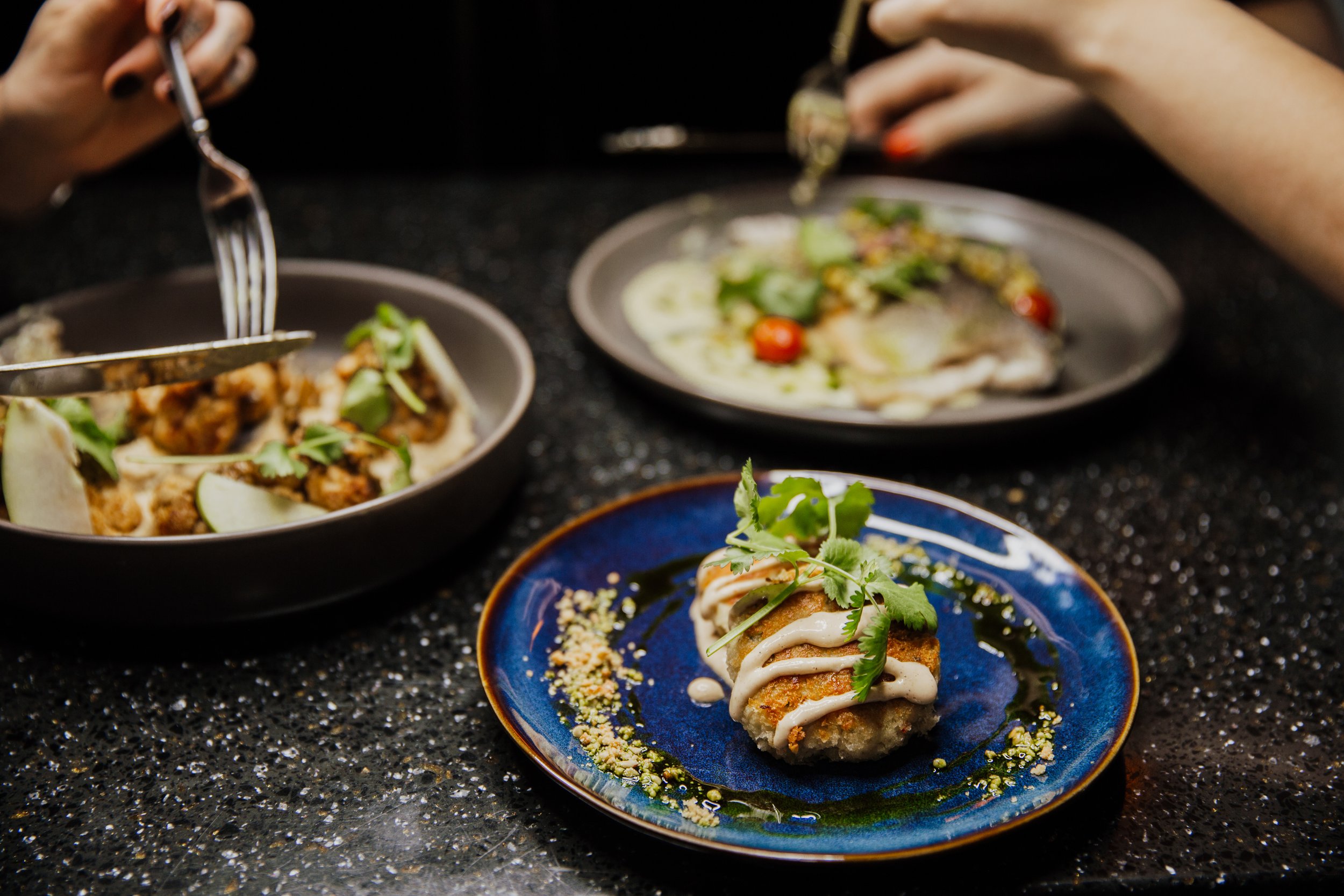 Crab cakes + cauliflower + rainbow trout.jpg