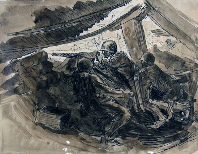 Harry was the youngest ever officially commissioned Marine Corps artist.  This is one of his thousands of sketches from his time in the Pacific where he fought at Saipan, Roi Namur, and Tarawa where he was wounded by shrapnel to the head.  This head 