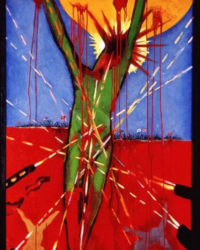 &quot;Crucifixion at Betio&quot;, (partial image) oil on canvas.  In honor of the men and women of the #armedservices this post relates specifically to Harry's experience at the South Pacific atoll called Tarawa or Betio where he suffered a major hea