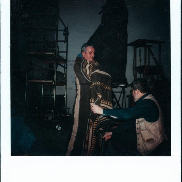 Was cataloging video tapes when this Polaroid, remember those, fell out from between some tapes. It's Harry Jackson seeing how he would like the robe on the Sacagawea sculpture to look. The man wrapped in the robe is his Italian Grounds keeper Sirio.