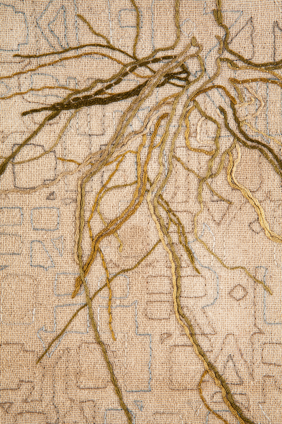 They are hand stitched original botanical drawings on tea dyed fabric. The other works in the series depict alfalfa and rye grass root systems. These works are 22” square.