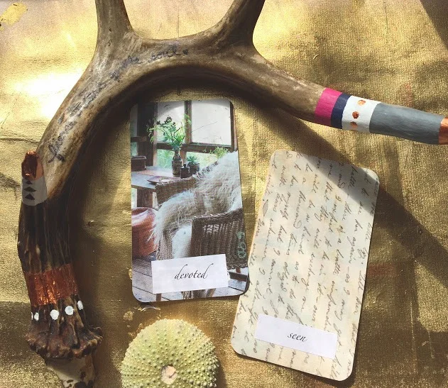 {Seen} We all, on some level, wish to be seen, heard and validated. Feeling Seen is all about finding and holding space for your truth out in the world. A huge part of it is learning ways to let others in. We all deserve to be seen for who we are. This card wants us to allow our light to beautifully seen, to be brave with your life, to stand up for what you believe in, and share what you love. It is a lifelong process of coming out in to the world in the fullness of who you are. Create this card knowing you are luscious, wise and whole, just the way you are. Let yourself be seen in big and small ways. {Devoted} Being devoted is our commitment to showing up, every day, inside our own lives. It comes through our deepest self care and self love. The more juicy energy we pour into our own lives, the more we will get in return. It is a self-fulfilling cycle. Being devoted creates the fuel and foundation on which we need to grow. We can act in devotion in both tiny ways and in the bigger, long term visions. The work of this card this season, is about staying with the day to day minutia, the monotony, the hurdles and the imperfections, while not loosing sight of our broadest ideals. It is knowing the future will be there to meet us with wonder and love and abundance. What are you devoted to? Allow this card to show you.