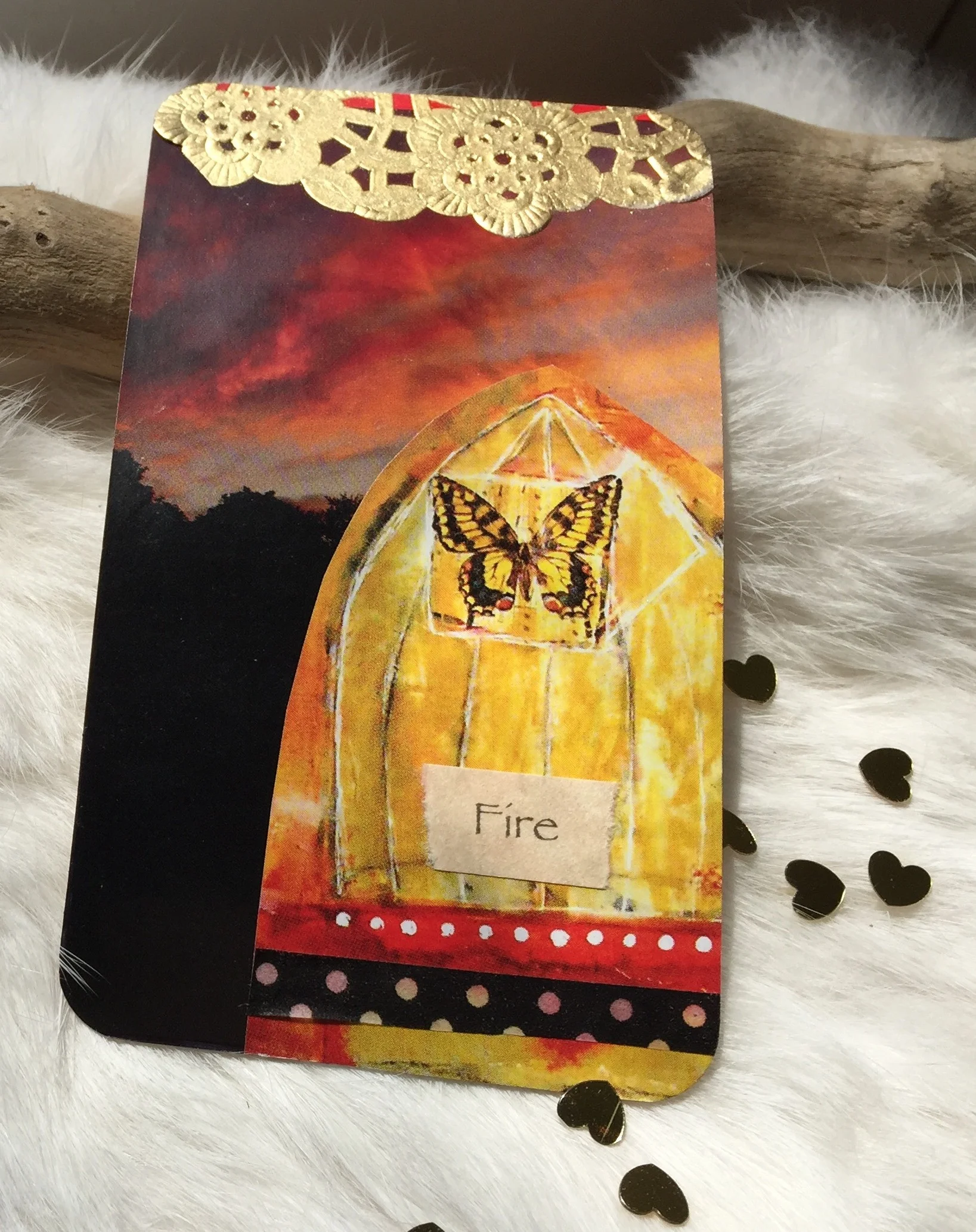 {Fire} Summer heat, light, and above all… transformation. Fire is associated with things such as will, action, lust, work, purification, strength and protection. It is wild, powerful and consuming. Fire is your passion and all the things that turn you on and light you up! This card channels your inner spark, a sultry mix of wildness and wanting. It is both fierce and powerful, a force to be reckoned with, and must be handled with utmost care. Create this your Fire card with this fierce, yang energy in mind… you know what you want and you are going to get it.