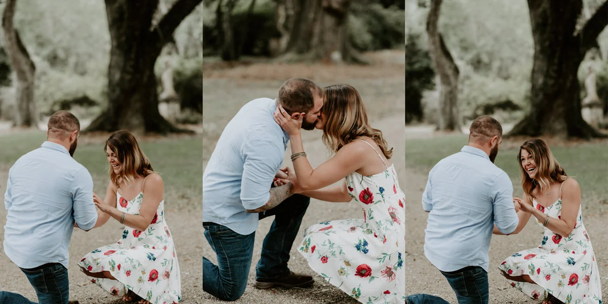 Sweet family and surprise proposal session in st. francisville, louisiana at rosedown plantation with gorgeous oak trees photographed by magnolia and grace photography