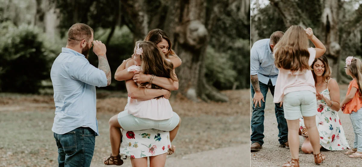 Sweet family and surprise proposal session in st. francisville, louisiana at rosedown plantation with gorgeous oak trees photographed by magnolia and grace photography