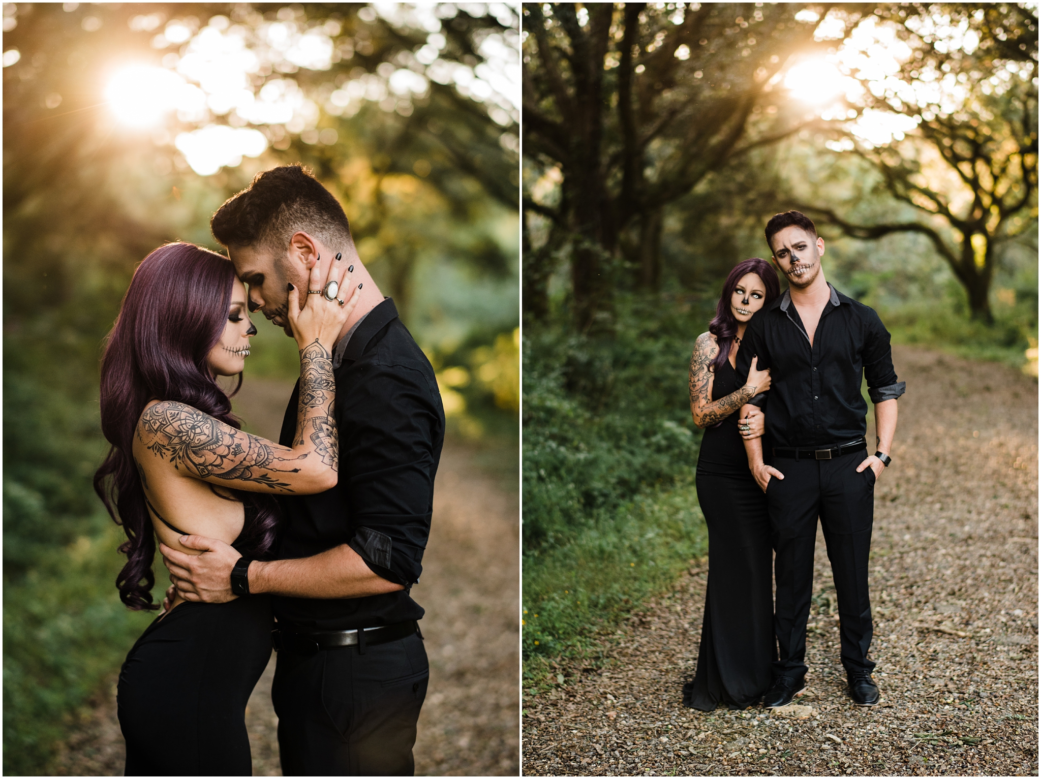 A Spooky Skeleton Halloween Session photographed by Magnolia and Grace Photography in Baton Rouge, Louisiana at LSU Rural Life Museum. A Skeleton Couple with creepy vibes in a beautiful fall setting.