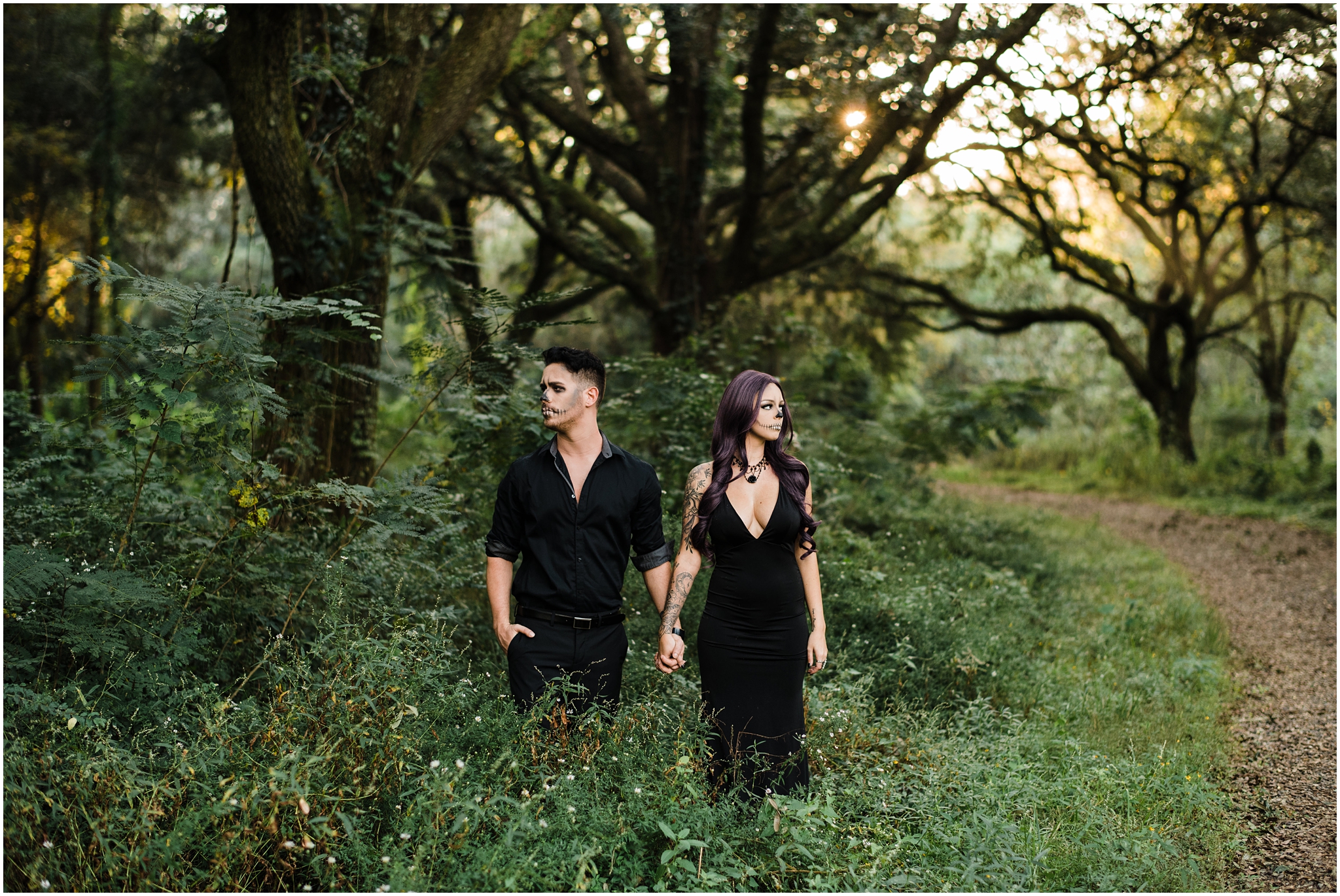 A Spooky Skeleton Halloween Session photographed by Magnolia and Grace Photography in Baton Rouge, Louisiana at LSU Rural Life Museum. A Skeleton Couple with creepy vibes in a beautiful fall setting.