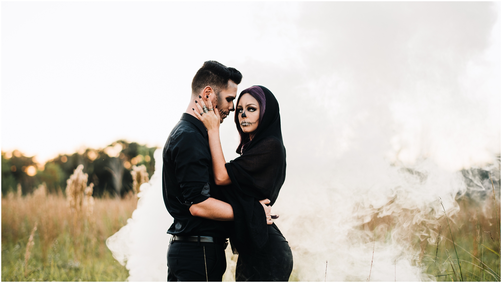 A Spooky Skeleton Halloween Session photographed by Magnolia and Grace Photography in Baton Rouge, Louisiana at LSU Rural Life Museum. A Skeleton Couple with creepy vibes in a beautiful fall setting.
