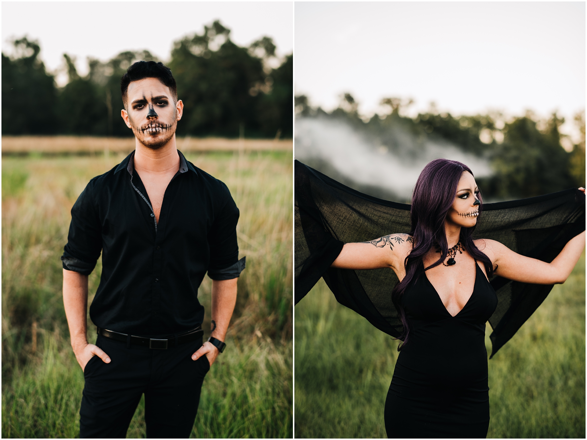 A Spooky Skeleton Halloween Session photographed by Magnolia and Grace Photography in Baton Rouge, Louisiana at LSU Rural Life Museum. A Skeleton Couple with creepy vibes in a beautiful fall setting.